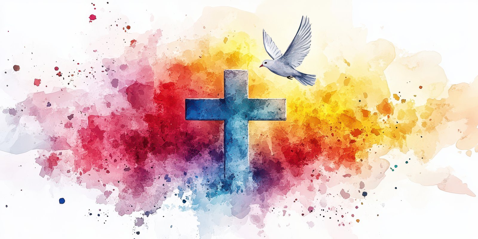 Cross and dove symbolize hope and peace in vibrant watercolor background